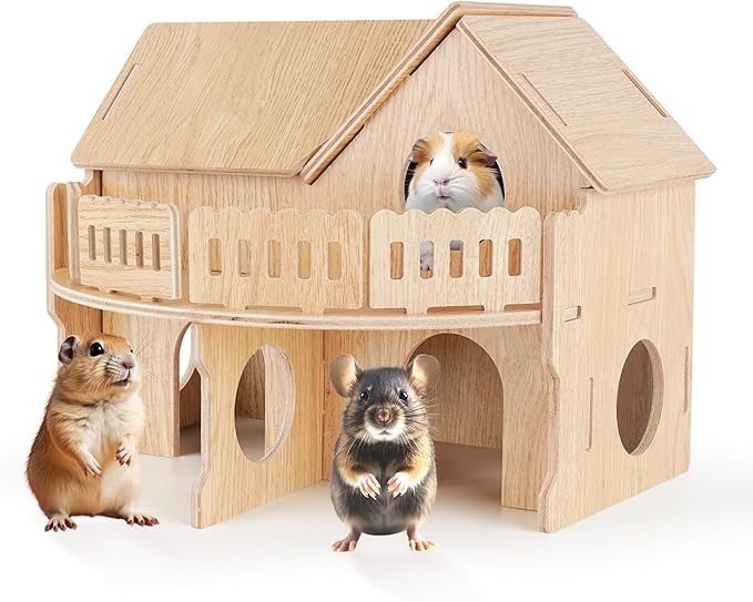 Wooden Hamster Cage, Hamster Habitat for Syrian, Dwarf Gerbils, Mice, Lemmings, Degus or Other Small Pets (13.3 x 11.1 x 10.6 inches)