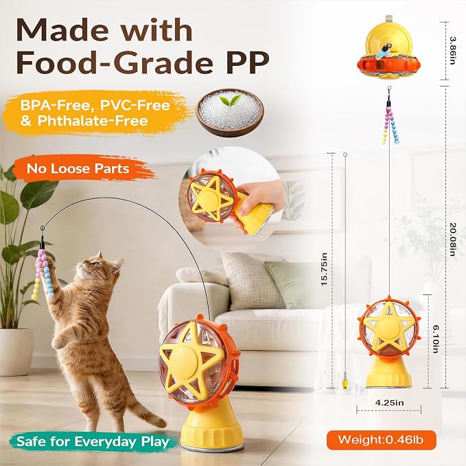 2-in-1 Cat Toys Food Dispenser & Teaser Interactive Toys (Yellow) - Image 5
