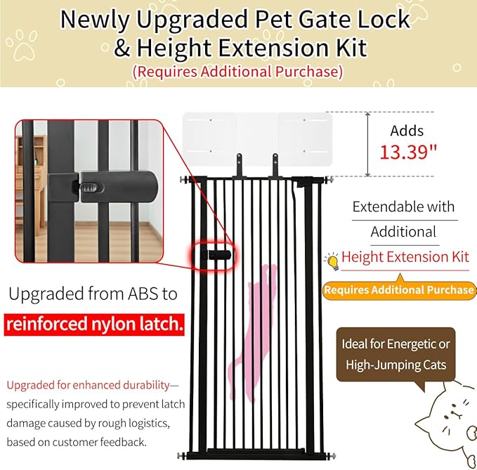Lumizone Extra Tall Cat Gate 55.12" High Pressure Mounted Extra Wide 2025 New (17 Sizes) 1.37" Gap No Drilling Auto-Close One-Handed Operation Tall Pet Gate for Dogs(Black, 55.12" H x 50.98"-55.11" W)
