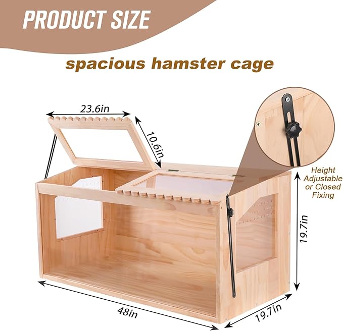 Wooden Hamster Cage,48" Lx20 Wx20 H Large Hamster Cage,2 Washable Liners & 2 Adjustable Ventilation Window. Small Animal Cage for Dwarf Syrian Hamsters Degus Mice & Other Small Pets.