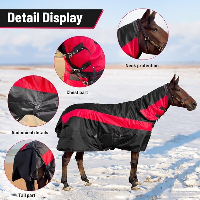 Horse Turnout Blanket,1600D Waterproof Medium Weight Winter Blanket for Horse,(220g Filling) with Detachable Neck Cover, Horse Blanket for Real Horses