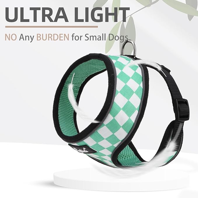 PUPTECK Soft Mesh Dog Harness and Leash Set Pet Puppy Cat Comfort Padded Vest No Pull Harnesses, Checkered Green&White, M