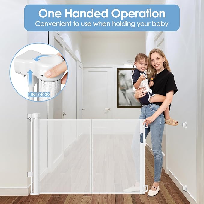 Reinforced Retractable Baby Gates with Support Rods, Retractable Pet Gate for Dog Prevent Bottom Crawling Through, Extends up to 55” Wide, Reinforced Mesh Stairs Gate for Kids Child Safety Gate, White