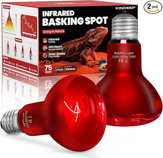 KINDEEP Infrared Heat Lamp Bulbs: 75W Reptile Heat Light 2 Pack - Red Basking Spot Light Bulbs Reptile Heating lamp for Lizard Bearded Dragon Turtle Snake Leopard Gecko Tortoise Chickens