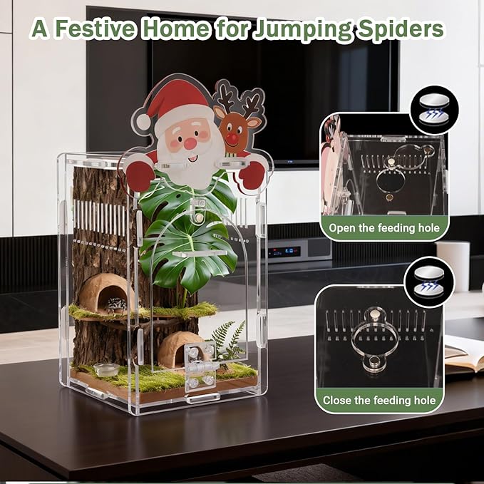 Santa Claus Jumping Spider Enclosure, Magnetic Acrylic Habitat Terrarium with Secure Doors, 4x4x6.3 Inch Small Desktop Decor Gift for Spider, Mantis, Beetles