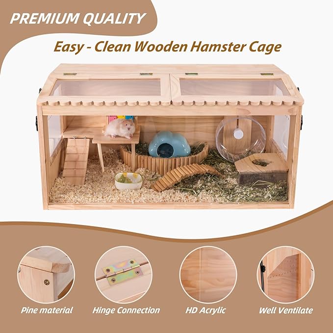 Wooden Hamster Cage,32"x16"Large Hamster Cage,2 Washable Liners & 2 Adjustable Ventilation Window. Small Animal Cage for Dwarf Syrian Hamsters Degus Mice & Other Small Pets.