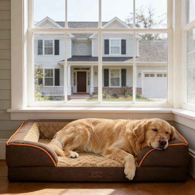 Orthopedic Dog Beds for Extra Large Sized Dogs, Waterproof Memory Foam XL Pet Bed with Sides 42x30Inch, Non-Slip and Egg-Crate Foam Big Dog Couch Bed with Removable Washable Cover, Brown