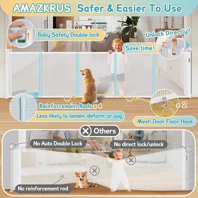 160'' Retractable Baby Gates Extra Wide, 42" Extra Tall Retractable Dog Gate for Doorways,13 Foot Safety Upgrade Extra Long White Retractable Baby Gate for Stairs, Indoor/Outdoor Retractable Gate