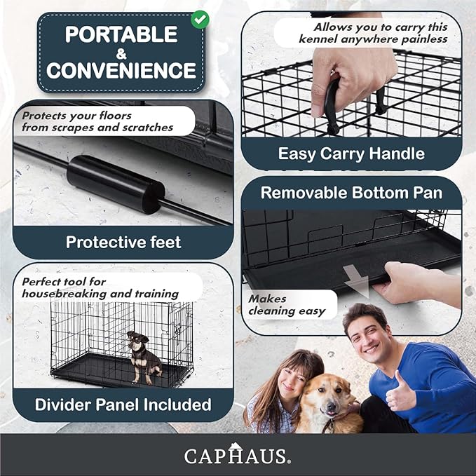 CAPHAUS Foldable Dog Crate Wire Metal Kennel w/Leak-Proof Pan & Protecting Feet & Divider Panel, Small, Medium & Large Indoor Cage, 48” w/Single or Double Doors