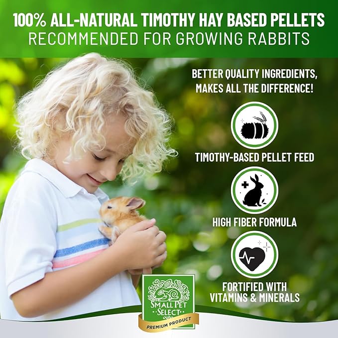 Small Pet Select Young Rabbit Pellet Food, Pellets, Treats for Bunny Rabbits High Fiber Timothy Hay Based Formula, 5lb