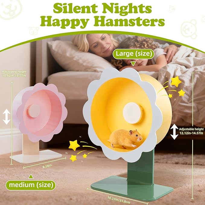 Hamster Wheel Super-Silent Hamster Exercise Wheels- Quiet Spinner Hamster Running Wheels with Adjustable Stand for Hamsters Gerbils Mice Or Other Small pet (Pink, Large)