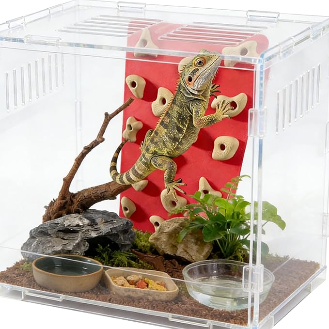 Mini Reptile Rock Climbing Wall, Terrarium Enclosure Enrichment & Habitat Décor for Bearded Dragons, Geckos, Lizards, Snakes, Tree Frogs and Small Amphibians (Red & Beige)