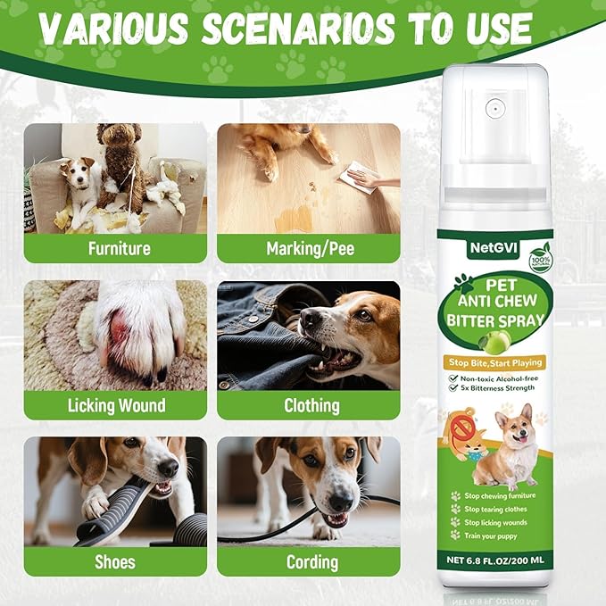 No Chew Spray for Dogs, Bitter Apple Spray for Dogs Cats Anti Chewing Licking from Furniture, Bandages, Dog Training & Behavior Aids Spray, Indoor & Outdoor Use, 200ML (Colorless, 1-Pack)