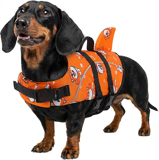 Queenmore Medium Dog Life Vest for Swimming, Dog Life Jacket Medium for Boating, Lightweight Dog Shark Life Jacket with Rescue Handle/Leash Hook/Reflective Strips