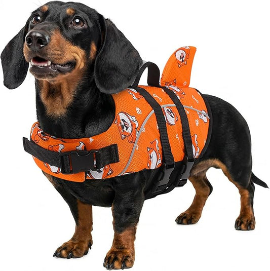 Queenmore Medium Dog Life Vest for Swimming, Dog Life Jacket Medium for Boating, Lightweight Dog Shark Life Jacket with Rescue Handle/Leash Hook/Reflective Strips