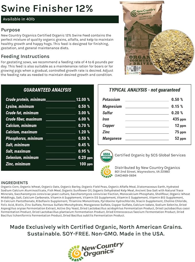 New Country Organics | Swine 12% Protein Feed for Gestating Sows and for General Maintenance of Adult and Finishing Hogs | Soy-Free | Certified Organic and Non-GMO | 40 lbs