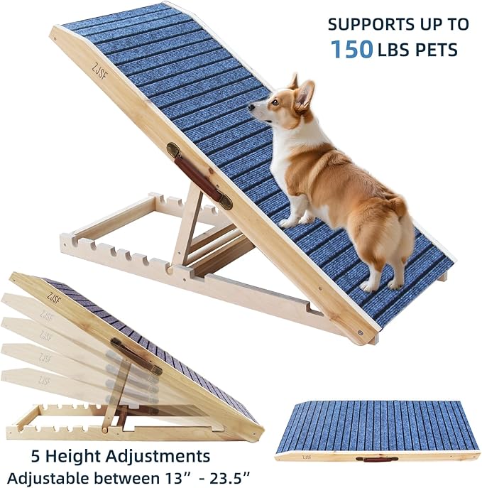 ZJSF Foldable Wooden Dog Ramp for High Bed, Dog Stairs for Small Dogs, High Traction Platform with 5 Adjustable Heights (13"-23.5"), 40", Supports up to 150 lbs