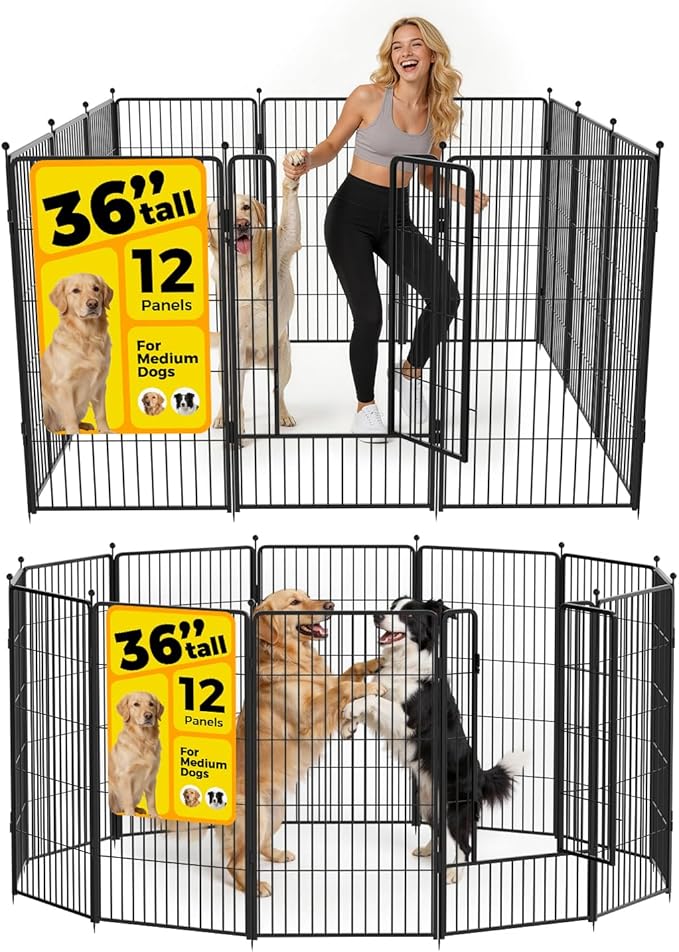 Dog Playpen 36 inch 12 Panels for Indoor & Outdoor Use – Heavy-Duty Metal Pet Fence with Ground Stakes, Rounded Ball Tops for Safety, Stable & Foldable Design, Easy to Assemble