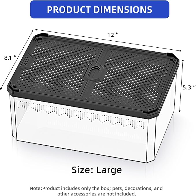 High-Transparency Reptile & Insect Enclosure Terrarium with Magnetic Door, Excellent Ventilation, Easy Cleaning, and Strong, Long-Lasting Build for Cricket,Frog,Gecko, Tarantula, Hermit Crab(Black,12)