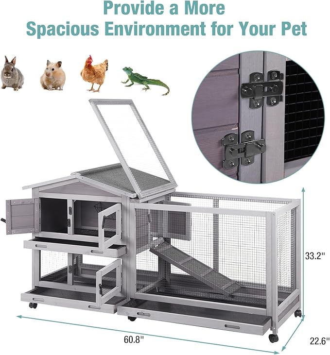 Suumerpety Indoor Rabbit Hutch with Pull-Out Tray, Weatherproof Rabbit Cage for Outdoor/Indoor Use, Bunny Hutch Chicken Coop with Run (Grey)