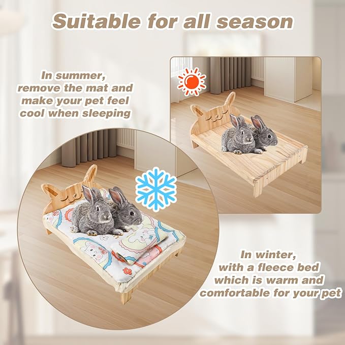 Upgrade Large Wooden Bunny Bed with Pillow and Mat, 2 in 1 Folding Pet Bed for Rabbit Guinea Pig Hamster Ferret Chinchilla Kitten Bunny Sleeping Habitat, Detachable Wood Small Animal Bed