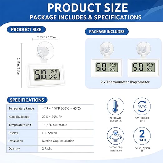 2 Pcs Suction Cup Reptile Thermometer Hygrometer, Fast-Read °F/°C Digital Temp&Humidity Gauge for Terrarium Tank Enclosure,for Gecko,Bearded Dragon,Snake,Tortoise,Hermit Crab,Jumping Spider (White)