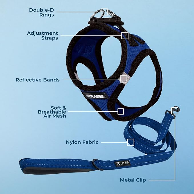 Best Pet Supplies Voyager Step-in Air All Weather Mesh Harness and Reflective Dog 5ft Leash Combo with Neoprene Handle, for Small, Medium and Large Breed Puppies - Set (Royal Blue/Black Trim), Large