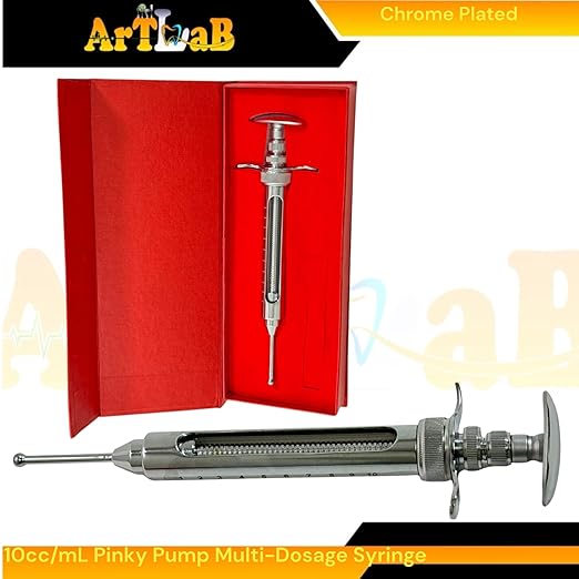 5.5in Pinky Pump Syringe with 7/8" Wide Feed Tube, 10mL Capacity, Snake & Reptile Feeding Tool - Veterinary Syringe (Chrome)
