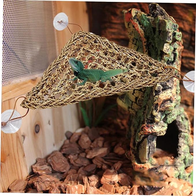 Garneck Stable Triangle Reptile Hammock for Lizards and Small Crabs Natural Texture Swing Mat with Suckers for Easy Installation and Elevated Comfort