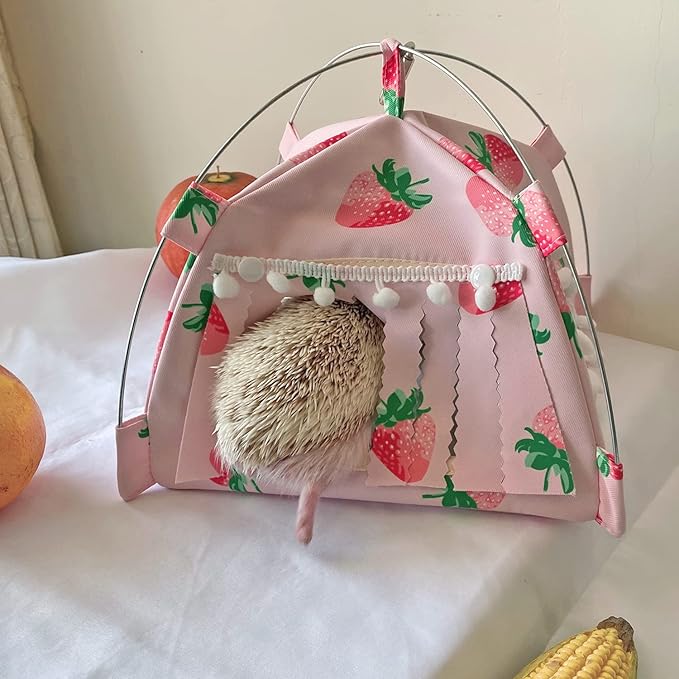 Portable Small Animal Tents House Cave Habitat Hideout with Forest Hidey Curtain for Hamster/Mice/Gerbil Rats/Guinea Pigs Hedgehog Nest Cushion Beds (Pink)