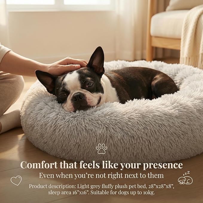 Calming Dog Bed for Medium Dogs Washable Donut 28 inches Anti-Slip Pet Bed,Round Fluffy Plush Faux Fur Cat Bed,Fits up to 40 lbs Pets,Frost Grey