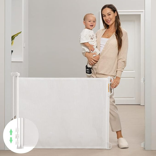 Momcozy Retractable Mesh Baby Gate or Dog Gate, Child Safety Gate for Indoor or Outdoor, 41-inches Tall with up to 71-inches Wide Extension, White
