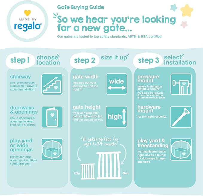 Regalo Safety 36” Extra Tall Baby Gate for Doorways & Bottom of Stairs, Pressure Mounted Baby Gate with Door for Babies, Toddlers & Pets, Tested & Safe, American Designed and Owned, Platinum