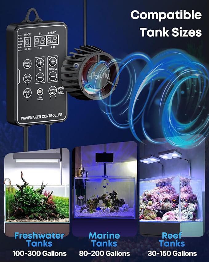 Pawfly Wave Maker for Aquariums 2100 GPH, Aquarium Powerhead DC 24V 10W, Aquarium Circulation Pump With Magnetic Base, Wavemaker for 30-300 Gallon Freshwater Saltwater Tank