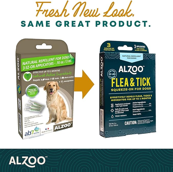 ALZOO Plant Based Flea & Tick Squeeze-On for Dogs, Helps Repel Fleas, Ticks & Mosquitos, Up to 3-Months Protection, Plant-Based Active Ingredients, Water-Resistant, 3 EZ-On Applicators Per Pack