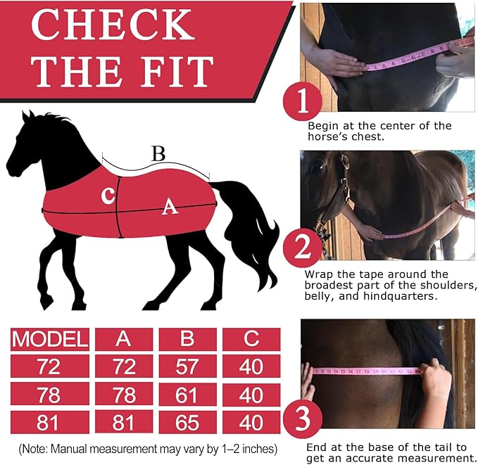 Horse Blankets Winter for Real Horses, 1600D Waterproof Poly Rain Sheets 78 in with Neck Cover Belly Wrap Tail Wrap Turnout Blanket, Stuff Care Medium Large Weight Heavy Outdoor Clothes Red Black