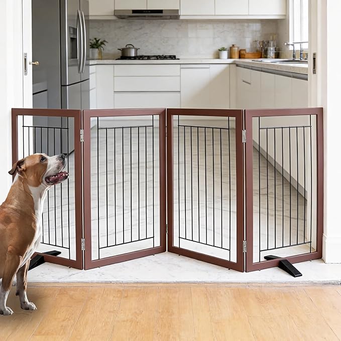 ZJSF Freestanding Dog Gate Indoor, Foldable Dog Fence for Doorways,Hallways or Stairs, Sturdy Wood Extra Wide Pet Gate with Support Feet,Brown,32 "Height-4 Panels
