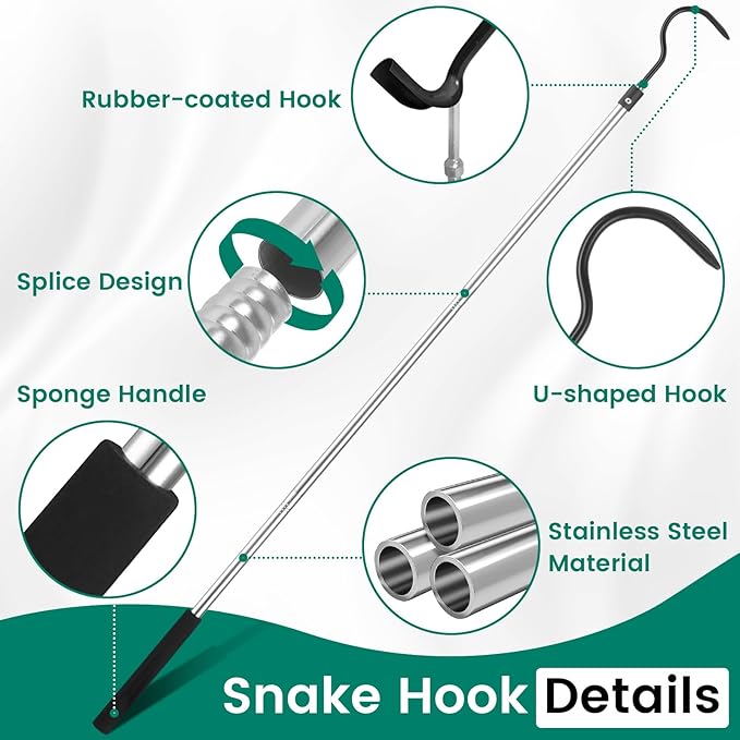 Snake Hook, 35"-65" Reptile Snake Hook Heavy Duty Long for Ball Python Rattlesnakes Rattle Copperhead Removal with Sponge Grip and Stainless Steel Rubber Tip Hook