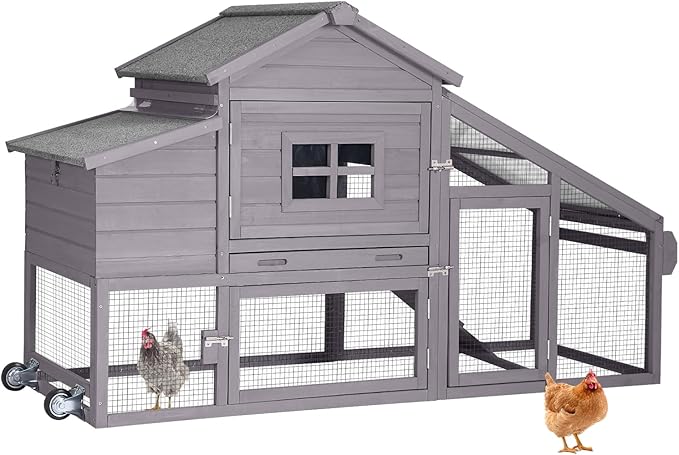 Wooden Chicken Coop, Large Chicken Tractor with Wheels, Weatherproof Hen House with Nest Box and Removable Tray, Mobile Poultry Hutch for 2-4 Chickens, Rabbits & Ducks (Grey)