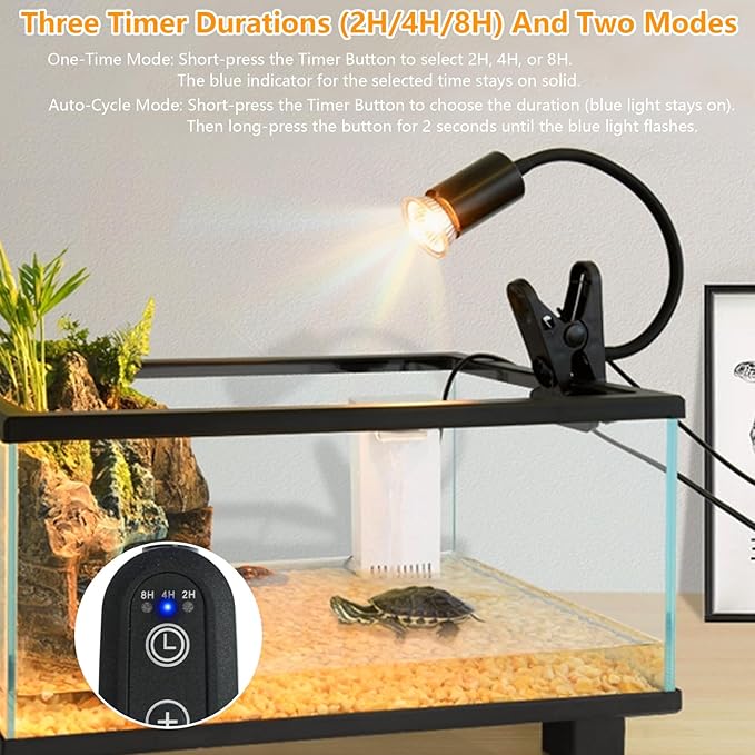 Reptile Heat Lamp with Clamp, Aquarium Turtle Tank Basking Light with 360° Rotatable, Timing, Dimming and 2 Pcs 50W UVA UVB Heat Light Bulb for Turtle, Lizard, Snake, Beared Dragon, Amphibians