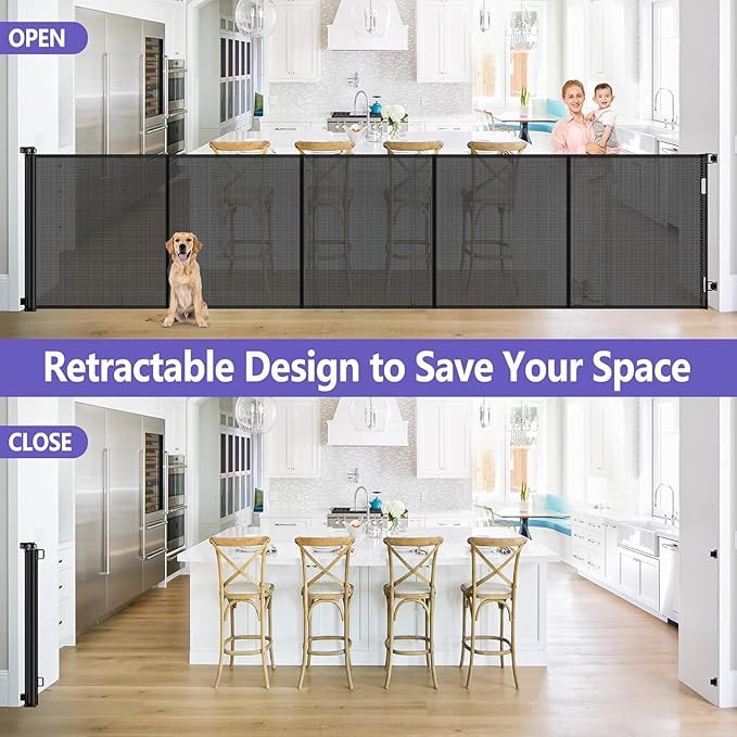 Reinforced 42 Inch Extra Tall Pet Gate with Support Rods, 96" Wide Retractable Baby Gate, Prevent Crawling Under Extra Tall Retractable Dog Gate Indoor Retractable Gate Outdoor Gates for Decks, Black