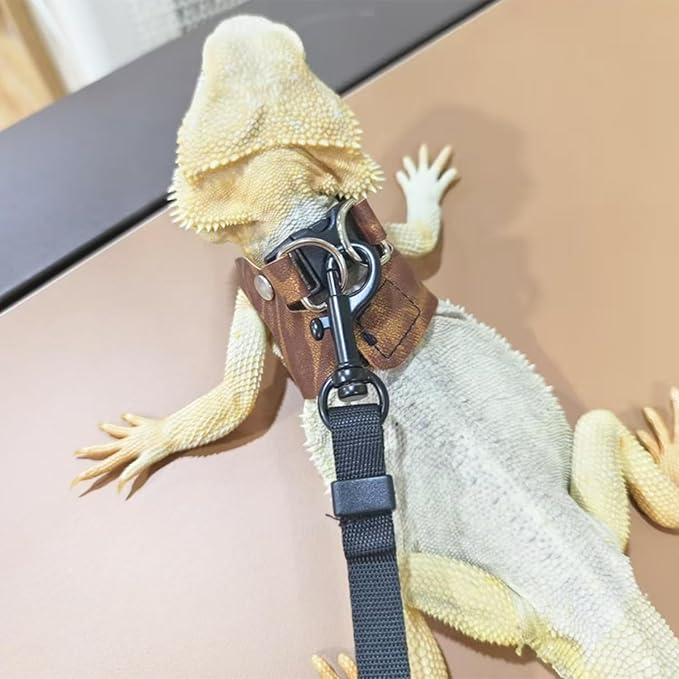 3 Pack Bearded Dragon Harness and Leash Set - Adjustable Soft Leather Lizard Harness Leash Small Animal Traction Rope Training Walking Vest Accessories for Reptile Squirrel Rat (Brown Leopard)