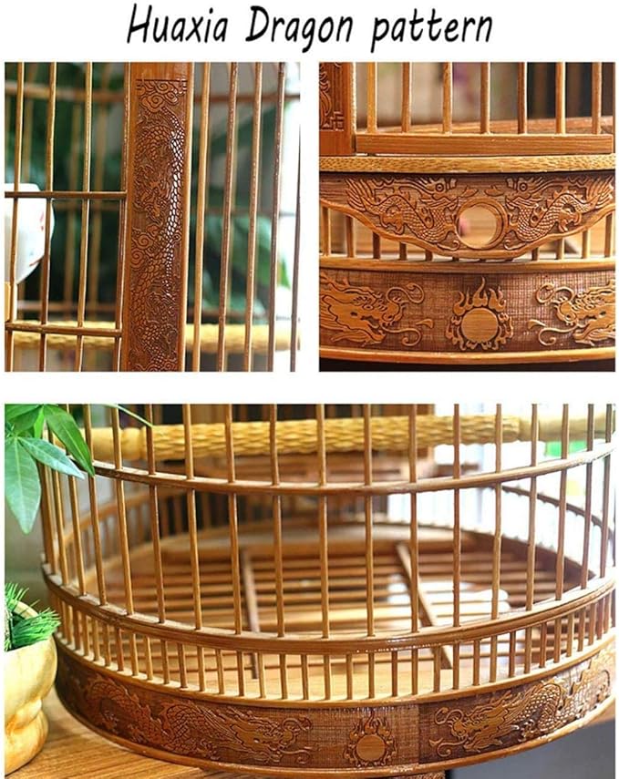 Traditional Chinese Style Bamboo Bird Cage Classic Round Carving Bird Carrier Garden Decor