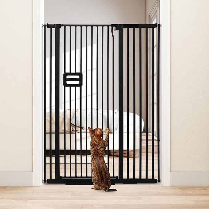 SMONTER 55" High Extra Tall Baby Gate, Safety Cat Gate for Doorways, Expands to 38.6"-42.5" Wide, Auto Close Dog Gate, No Drilling Pressure Mounted Cat Fence, Pet Gate Indoor for Stairs, Black