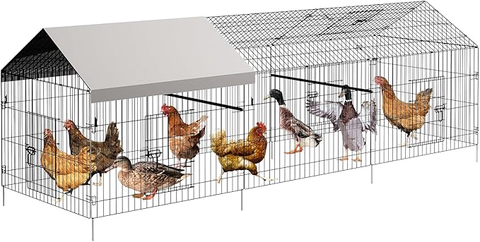 Metal Chicken Coop, Chicken Run for Yard with Cover, Outdoor Metal Chicken Cage with 4 Door and 1 Window for Outside Duck Rabbit Hen, 130"×40"×40"