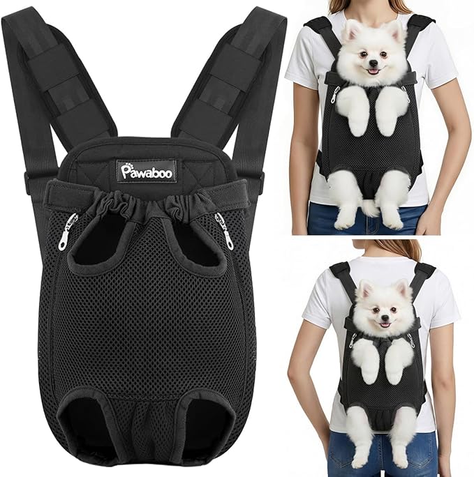 Pawaboo Pet Carrier Backpack, Pet Front Dog Cat Carrier Backpack, Legs Out, Easy-Fit for Traveling Hiking Camping, Travel Bag Backpacks for Small Dogs Cats 5-8lbs, M, Black