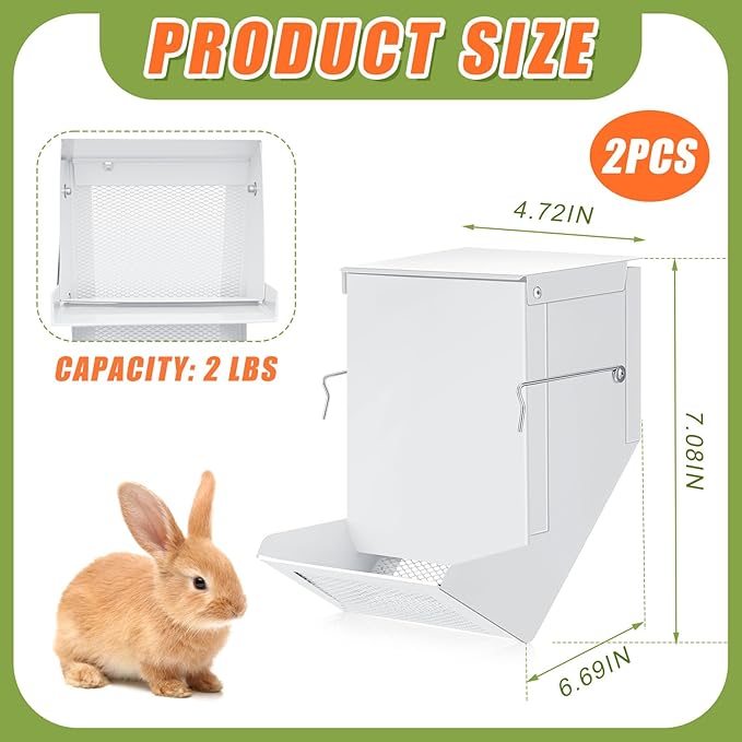 Maxcheck 2 Pcs Rabbit Feeder for Cages Small Animal Food Pellet Dispenser with Lid Metal Chicken Grit Oyster Shell Squirrel Feeders Outside(4.7 Inches,Mesh Bottom,White)