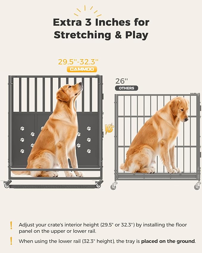 Cammoo 48'' Heavy Duty Dog Crate for Large Dogs, – Upgraded Chew-Proof Panels, Comfort-Widened Floor Panel, Dog Kennel Indoor, Adjustable Internal Height, Easy-Access Wide Door, 4 Lockable Wheels