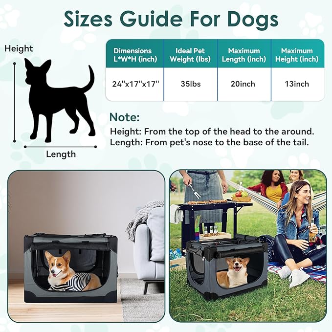 Soft Small Dog Crate - 24 inch Portable Travel Puppy Crate for Small Pets or 2 Cats, Collapsible Pet Carrier with 4 Mesh Doors, Car Kennel for Dogs with Handle for Indoor and Outdoor, Grey