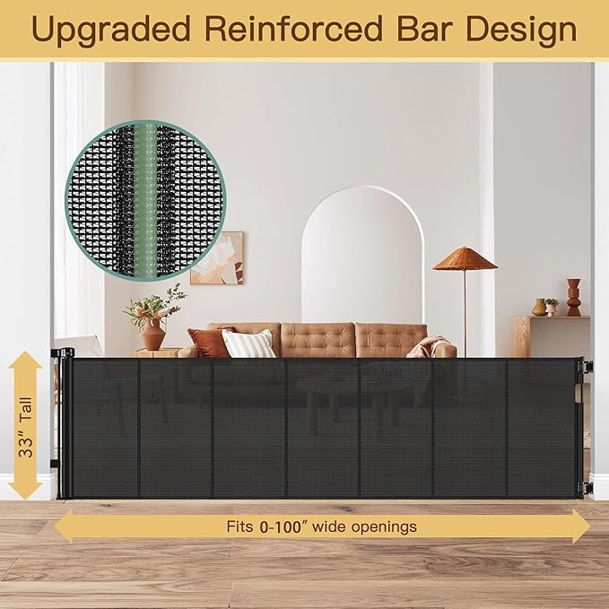 Reinforced Bottom 100 Inch Retractable Baby Gates Extra Wide Baby Gate for Large Openings, 8 ft Super Long Child Gates for Large Openings, Mesh Retractable Dog Gate for Doorways Extra Wide, Black